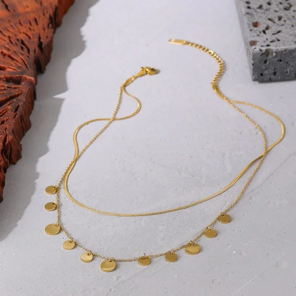 New 18K Gold Plated Coin Drop Double Layer Herringbone Necklace